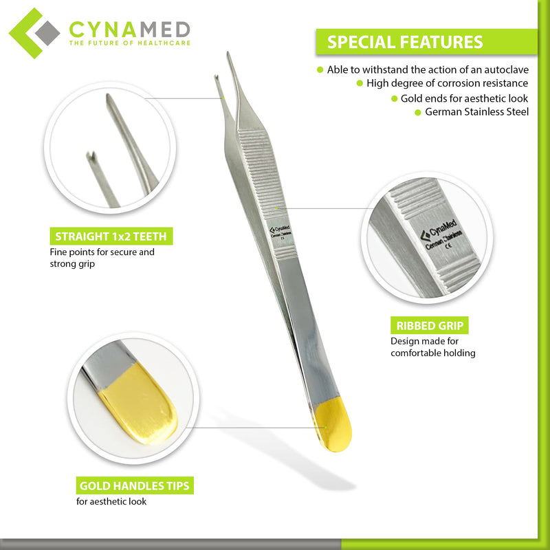 [Australia - AusPower] - Cynamed Set of 2 Adson Forceps with Gold Handle - 6 in. Straight Fine Point Surgical Veterinary Instruments (1x2 Teeth) 1x2 Teeth 