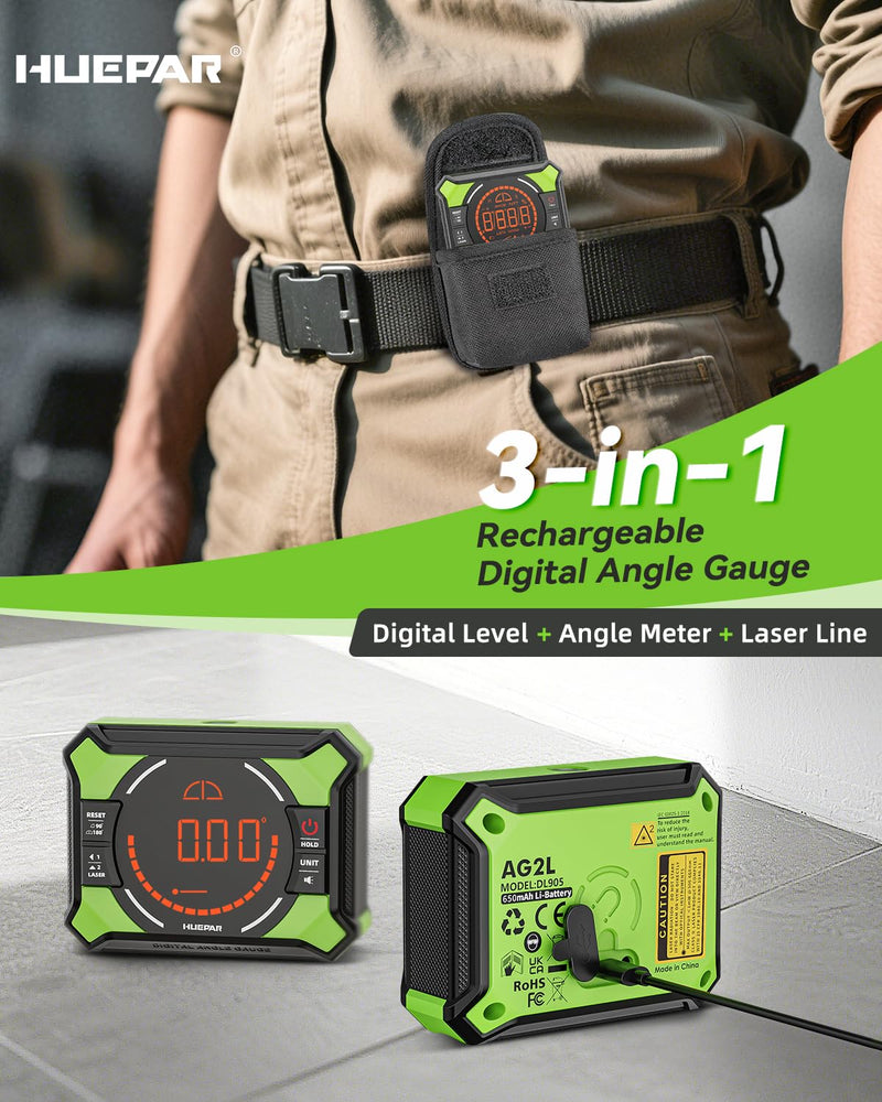 [Australia - AusPower] - Huepar Digital Angle Gauge with Laser Level, Rechargeable 3-in-1 Digital Angle Finder with Magnetic, Measures 0-90° & 0-180° Range, Digital Electronic Level Accessory for Woodworking Tools AG2L Digital Angle Gauge 