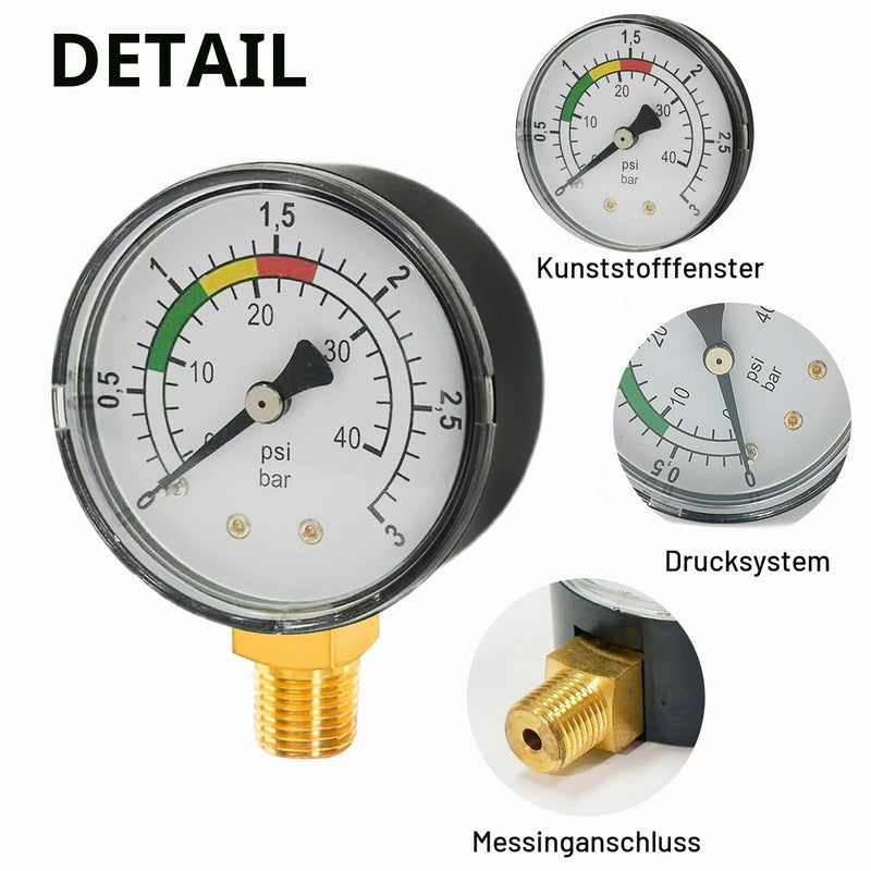 Water Pressure Gauge, 1/4 Inch Pool Pressure Gauge, Precision Double Scale, Robust Brass Stainless Steel Housing, Easy Installation, Durable, Versatile, for Pool, Fish Ponds and Aquariums