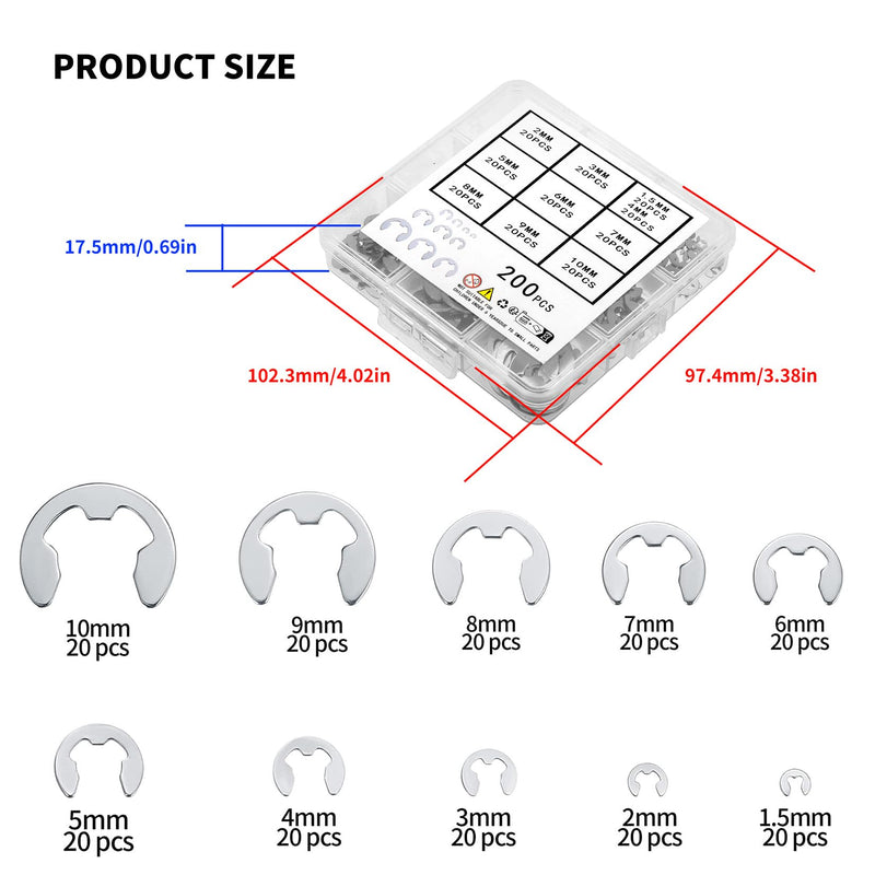 [Australia - AusPower] - 200 Pcs E-Clip Circlip External Retaining Rings, Stainless Steel E-Clips Assortment Kit, 10 Sizes External Circlip Snap Rings Retaining Clips Set - M1.5/M2/M3/M4/M5/M6/M7/M8/M9/M10 