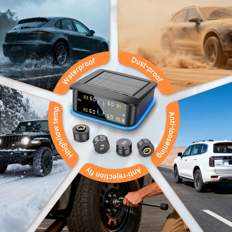 [Australia - AusPower] - GEARGO Tire Pressure Monitoring System, Real-time Solar Wireless TPMS with 4 Tire Pressure Sensor, Digital LCD Display, Auto Security Alarm for RV SUV MPV Truck Sedan 