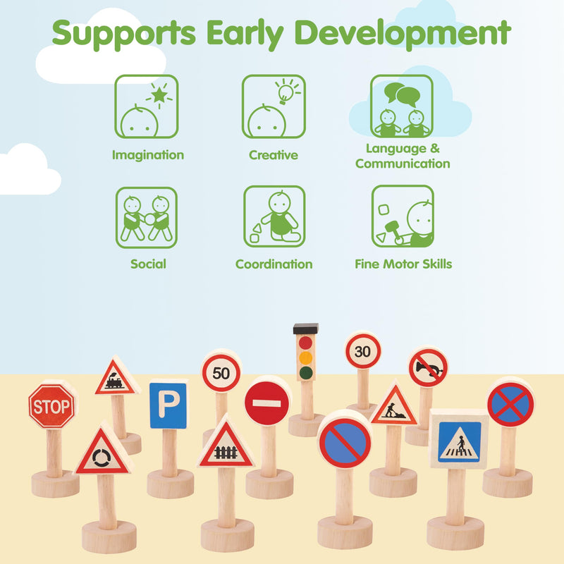 PlanToys® Traffic Signs & Lights Wooden Montessori Imaginative Play Set | Early Language, Social Skills and Real-World Awareness Activity | Eco Friendly Road Sign Learning Set for Meaningful Play