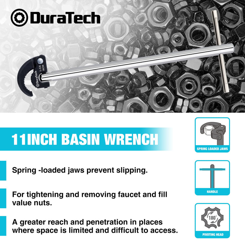 DURATECH 11" Basin Wrench, Sink Wrench, Adjustable Tap Nut Spanner Basin Spanner, Capacity of 3/8" to 1-1/4" for Fixing Back and Union Nuts Under Sink