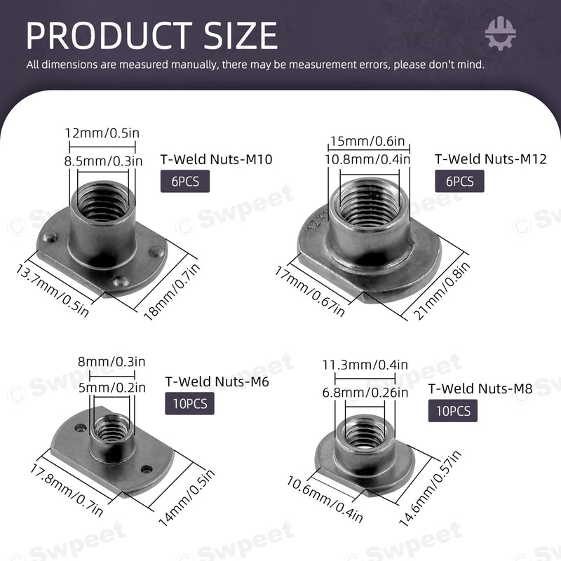 [Australia - AusPower] - Swpeet 32Pcs M6 M8 M10 M12 Black T-Shaped Weld Nuts Kit, Tab Base UNC Carbon Steel Machine Screw, Welding Hood Fasteners Ideal for Furniture Vehicles Caster and Industry Machine Assortment Kit 
