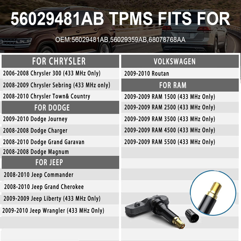[Australia - AusPower] - 433MHz TPMS Sensor for Chrysler, Dodge Charger Grand Caravan, RAM 1500 2500 3500 4500 5500 2009, for Volkswagen, Pre-Programmed Tire Pressure System Sensors 56029359AB 68078768AA, 4 PCS 