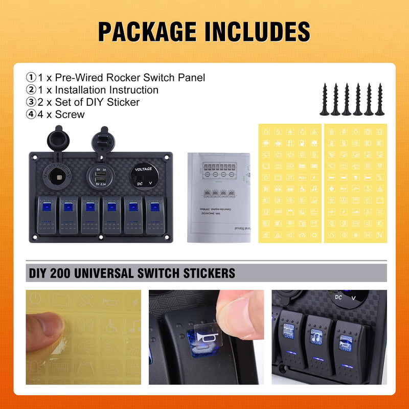Marine Boat Switch Panel Waterproof,6 Gang Rocker Switch Panel 12V/24V with 3.1A Dual USB Charger 15A Fuse On-Off Blue LED Light Toggle Switch Also Suitable for Automotive Car RV UTV Truck Plastic-LED blue 6 gang