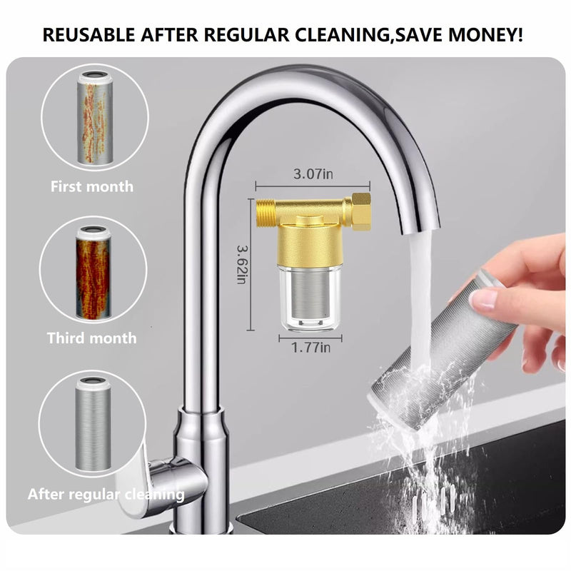 DR02 Reusable Brass Sediment Filter, 40 Micron Washer Water Filter, For Washing Machine, Heater, Faucet, RV, Protecting Appliances, Reduces Clothes Yellowing, Anti Scale Shower Filter