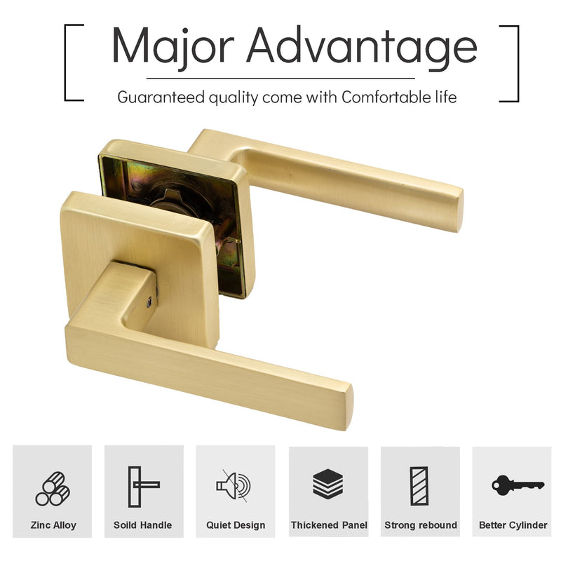 Linkaa Passage Door Handles Brushed Gold Door Lever Satin Brass for Hall or Closet, Keyless Door Knob, Square Interior Door Handle Heavy Duty Zinc Alloy (1, Passage (No Lock)，Brass Gold) Passage(no lock) 1