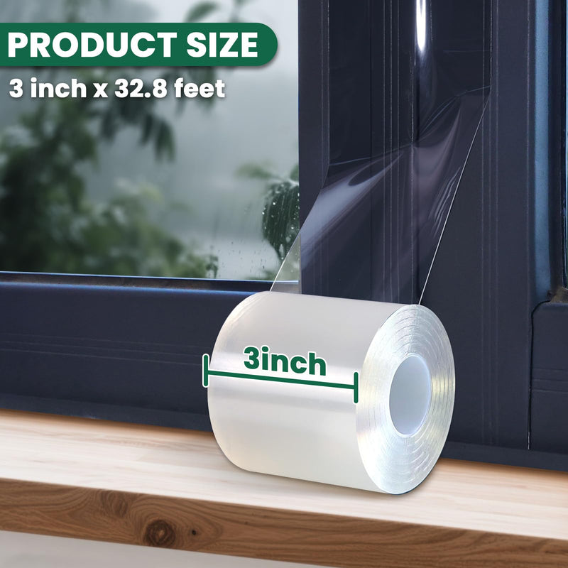 Window Sealing Tape, Window AC Insulation Sealing Around Frame Draft, 3 inch X 33 FT, Blocker for Cold Heat Air, Waterproof Tape for Repair, Heavy Duty No Residue (Clear) Clear