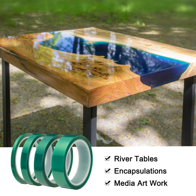 MECCANIXITY Resin Tape Set Silicone Adhesive Tape High Temperature Resistance for Epoxy Resin,River Tables,Craft,Remove Residue 0.98/0.71/0.51/0.24 Inch Wide 108x13FT Long(Green),1 Set