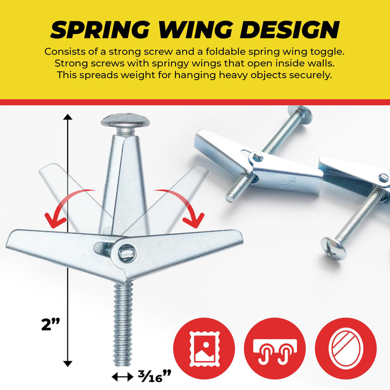 [Australia - AusPower] - QUALIHOME Spring Toggle Bolt Anchors - Heavy Duty Wall Anchors for Hanging Items w/Hollow Walls & More - Stainless Steel Hollow Wall Anchor for Frames, Shelves, Mirrors & More, 20 Pack (3/16" x 2") 3/16" x 2" 