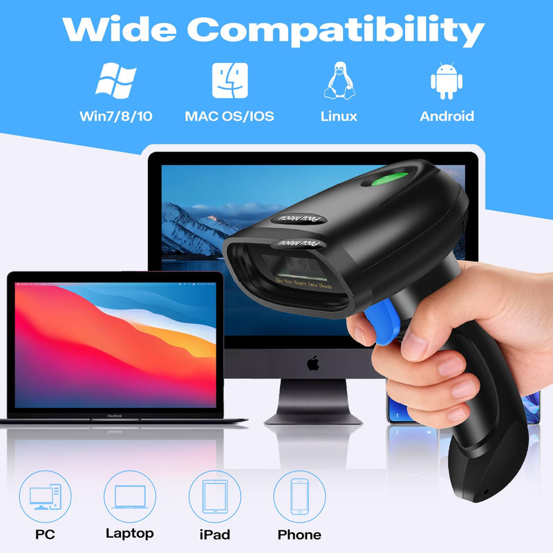 Bluetooth 1D&2D Barcode Scanner, 3-in-1 Bluetooth & USB Wired & 2.4G Wireless QR Barcode Reader, PDF417 Data Matrix Handheld Bar Code Scanner Work with Windows, Android, iOS (TM-10B) Wireless 2D Barcode Scanner