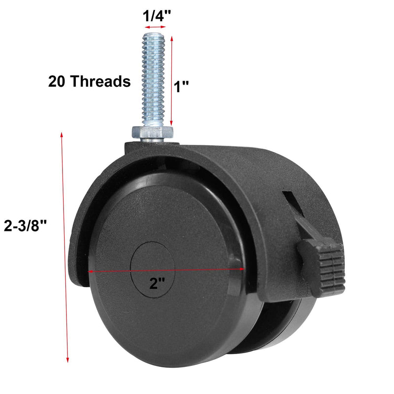 [Australia - AusPower] - AAGUT 2" Swivel Stem Casters with Locking Brake Threaded 1/4" - 20 x 1" for Furniture and Shelves, Black Replacement Castors, Pack of 4 1/4" - 20 x 1" Stem 