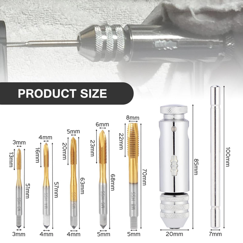 [Australia - AusPower] - Habwea 5 Piece Tap Set, M3 M4 M5 M6 M8 HSS Thread Milling T Handle Ratchet Tap Holder Key (Tap Wrench Set Golden) Tap Wrench Set-golden 