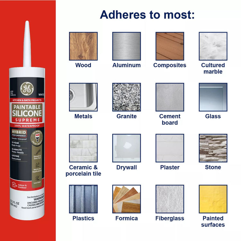 [Australia - AusPower] - GE Supreme Paintable Silicone Caulk for Kitchen & Bathroom - 100% Waterproof Silicone Sealant, 7X Stronger Adhesion, Shrink & Crack Proof - 9.5 fl oz, White, 1 Pack Pack of 1 