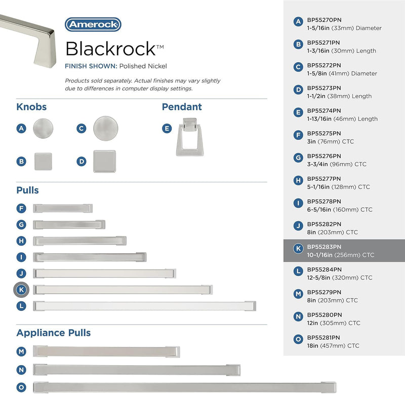 Amerock BP55283PN | Polished Nickel Cabinet Pull | 10-1/16 inch (256 mm) Center-to-Center Cabinet Handle | Blackrock | Drawer Pull | Kitchen Cabinet Handle | Furniture Hardware