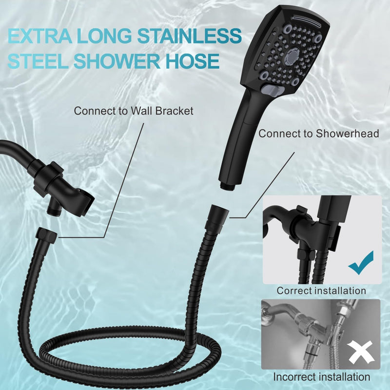 ELLO&ALLO High-Pressure Handheld Shower Head with 5 Spray Modes, 59-Inch Kink-Free Stainless Steel Hose & 360° Adjustable Bracket Perfect for Pet Bathing, Baby Care, Matte Black Without Filter