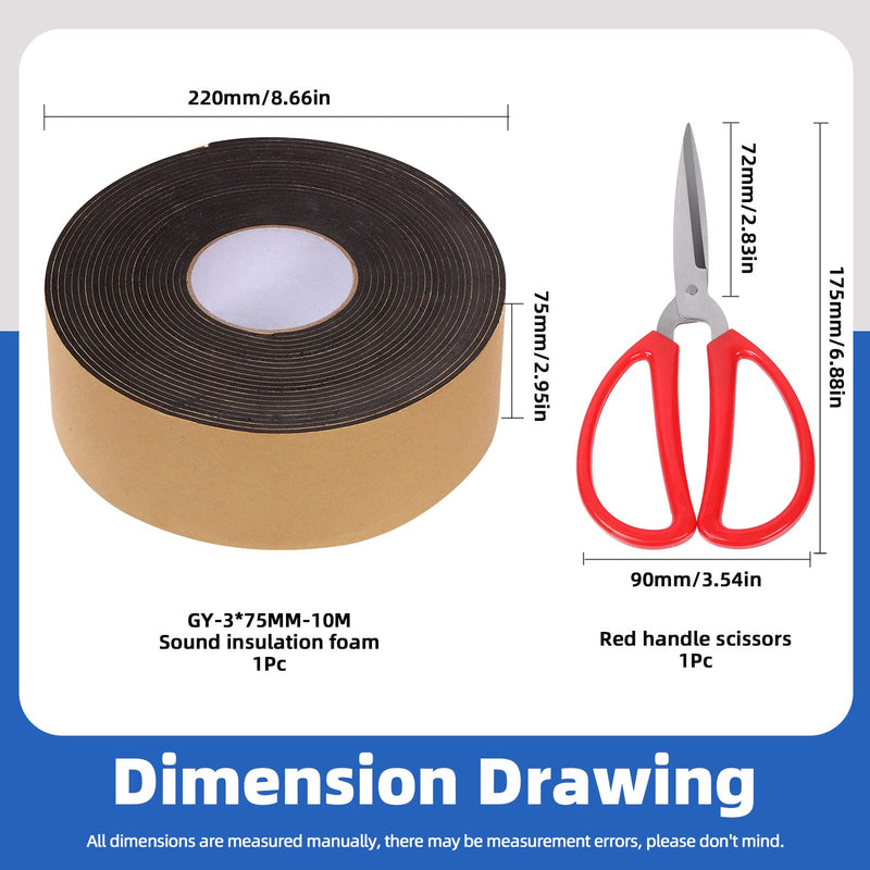 Glarks 1 Roll Self Adhesive Foam Insulation Tape with Scissors, 3" W x 1/8" T x 32.8' L High Density Shock-Absorbing Sound Proof Seal Strip Waterproof Weather Stripping Foam Tape for Door and Window
