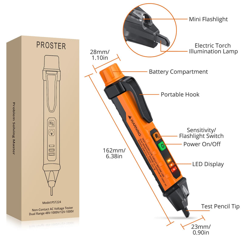[Australia - AusPower] - Proster Non Contact Voltage Tester 12-1000V/48V-1000 Adjustable Sensitivity AC Voltage Detector Tester Pen & LED Flashlight 