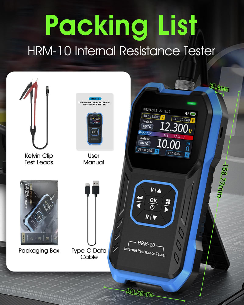 HRM-10 Battery Internal Resistance Tester, 4-Wire Car Battery Analyzer & Voltmeter, 0-100V 0-200Ω, with Sorting Mode, Auto/Manual Range for Car, Li-ion, Lead Acid