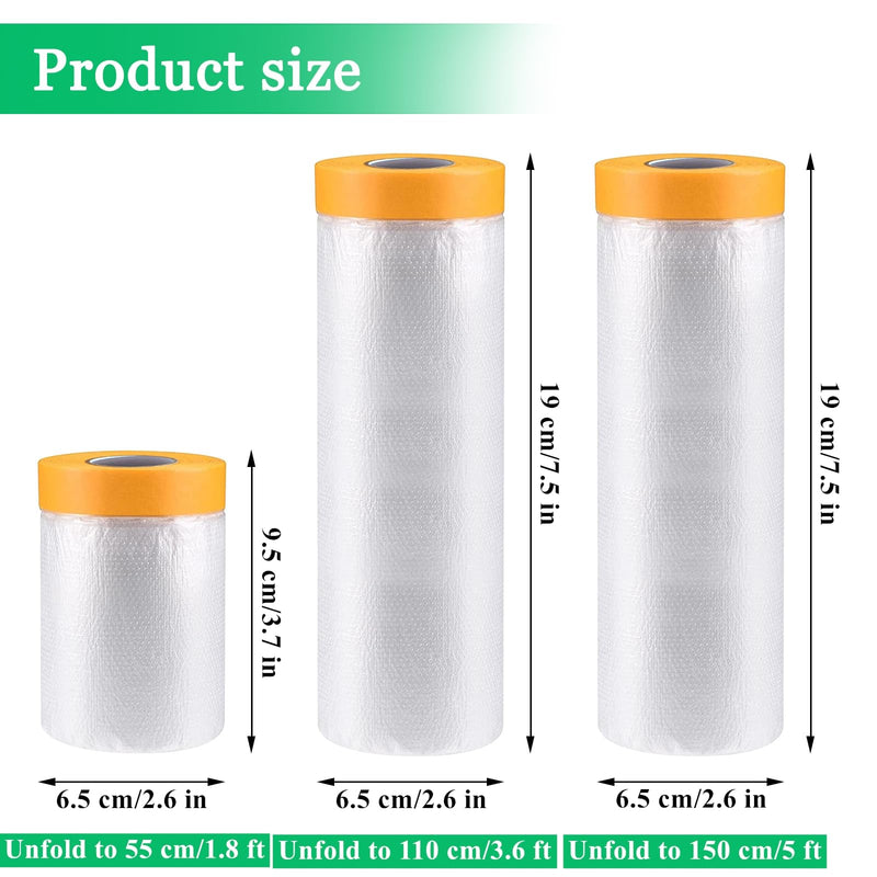 4 Pack Tape and Drape, 3 Sizes Pre-Taped Masking Film for Auto Painting Covering, 65.6 Ft/Pack Plastic Pre-Adhesived Dust Paint Protective Drop Film for Furniture, Car, Floor 3 Sizes x 65.6 Foot - 4 Rolls