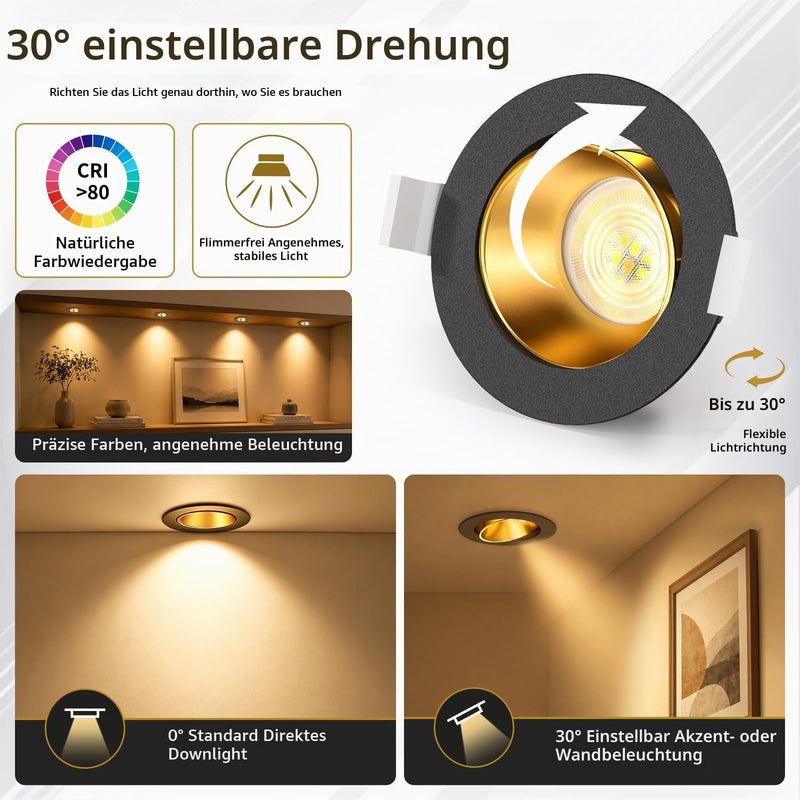 YindaLux 6x LED Recessed Spotlights 230 V Dimmable 5 W Black Gold Hole 75-80 mm | 550LM, 3CCT 3000K/4000K/6500K, 38°/120° beam angle, 45° swivel, IP44, removable LED module, deep reflector shell 6 pieces-38°/120° beam angle