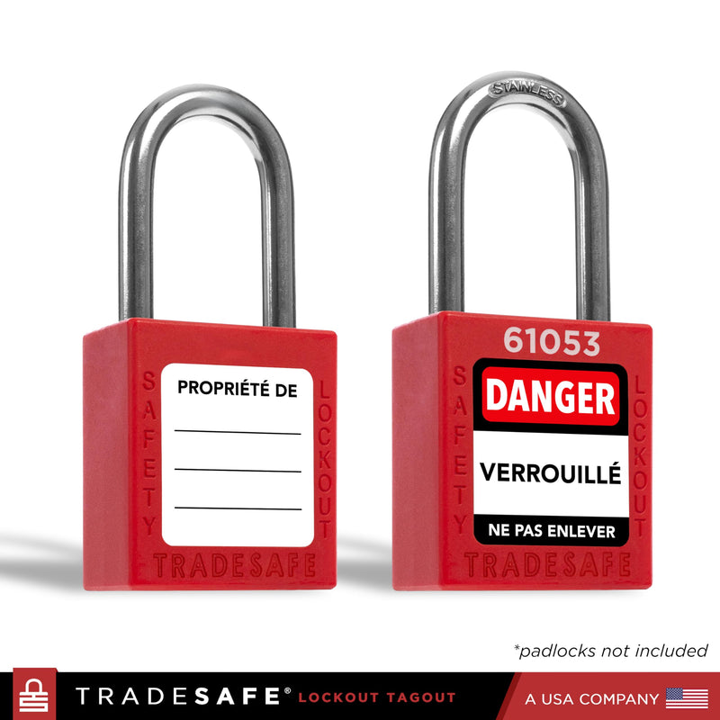 TRADESAFE Lockout Tagout Locks Label, Lock Out Tag Out Padlock Labels in English, Spanish, French, Danger Locked Out, Do Not Remove Loto Locks Stickers English, Spanish, French | 60-Pack