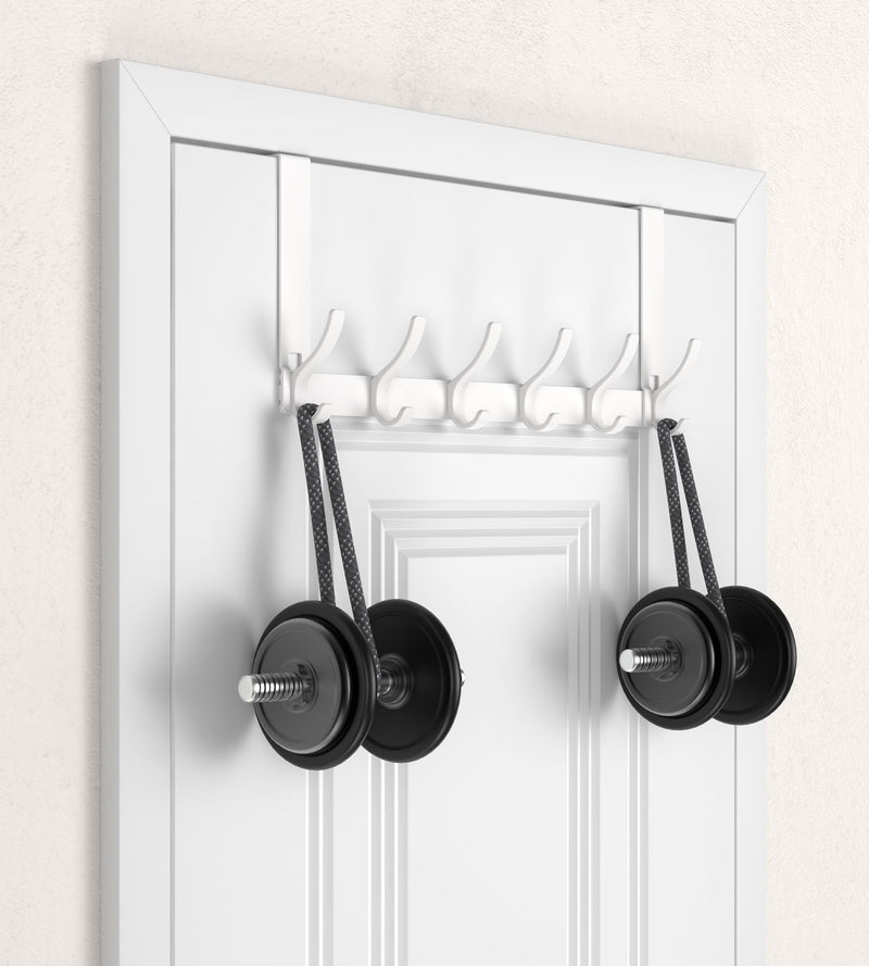 [Australia - AusPower] - KitchLife Over The Door Hooks Hanger with 7 inches Extended Arms, Tool-Free Assembly, Fits 1 3/8" Doors, F18U, Bathroom Towel Rack Organization, Thickened 6-Double Hook, Glossy White Fits 1 3/8" Doors with 7" Arms 