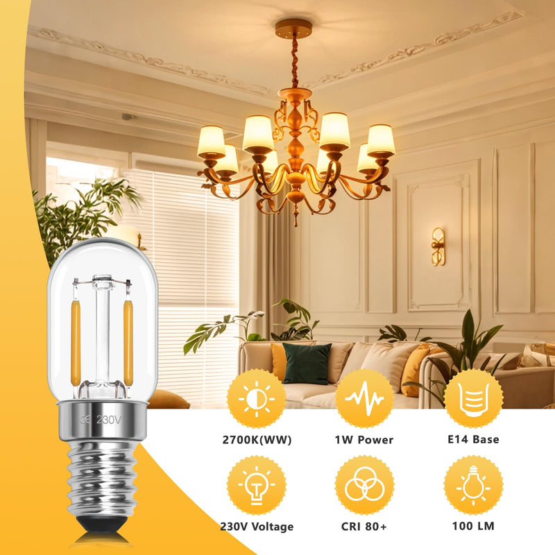 LED Light Bulb E14 Warm White 1 W 230 V, Fridge Light Bulb LED T22 E14 Warm White 2700 K, Replacement 10 W-15 W Halogen Bulb, Not Dimmable, for Night Light, Salt Lamp, Chandelier, Sewing Machine, Set 1 W Warm White