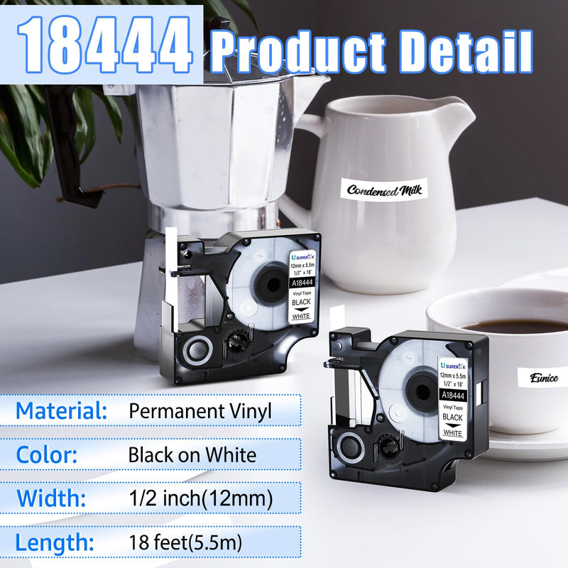 [Australia - AusPower] - USUPERINK 4 Pack Compatible for DYMO Label Maker Refills 18444 1/2'' 12mm Black on White Industrial Permanent Vinyl Label Tapes for Rhino 1000 3000 4200 5200 5000 6000 