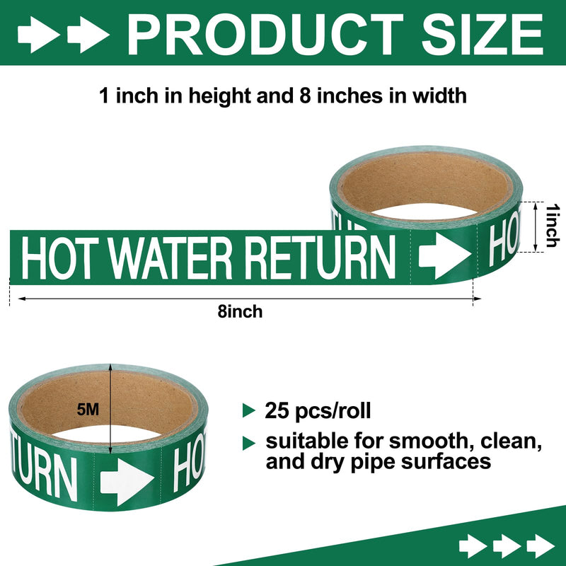 1 Roll Economy Pipe Markers - 1" Height x 8" Width Hot Water Return Pipe Labels, White On Green Pressure Sensitive Vinyl