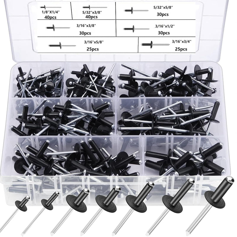 [Australia - AusPower] - 220PCS Large Flange Aluminum Blind Rivets?Black Rivets Pop Rivets Assortment Kit, 7 Sizes Aluminum Rivets (1/8" 5/32"3/16") Assorted Blind Rivets with Case 