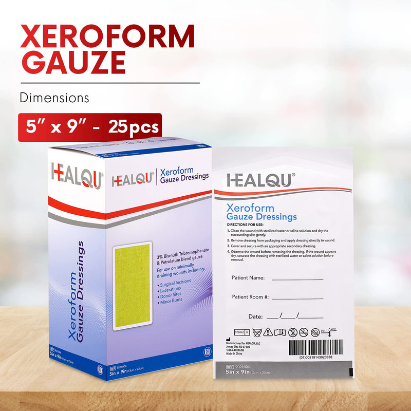 [Australia - AusPower] - HEALQU Xeroform Petrolatum Dressing 5x9 - Box of 25 Non-Adherent Gauze Pad for Low Exudating Wounds - Fine Mesh Gauze Patch Sterile for Wound Care Lacerations, Burns & Skin Grafts 5" x 9" Box of 25 