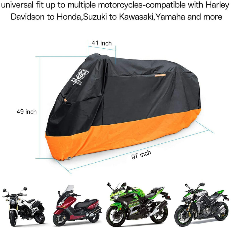 XYZCTEM Motorcycle Cover – All Season Waterproof Outdoor Protection – Precision Fit up to 97 Inch Tour Bikes, Choppers and Cruisers – Protect Against Dust, Debris, Rain and Weather (Black& Orange) 97"