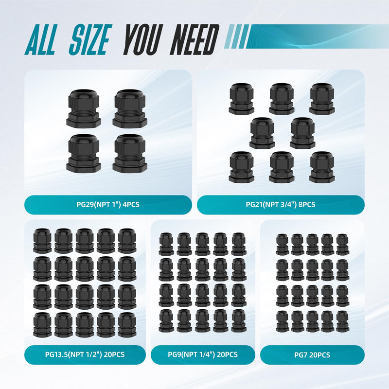 [Australia - AusPower] - Cable Gland, Hilictokt 72PCS Waterproof Cable Glands Kit PG7 NPT 1/4" 1/2" 3/4" 1" Weatherproof Strain Relief Cord Connectors PG7/9/13.5/21/29 