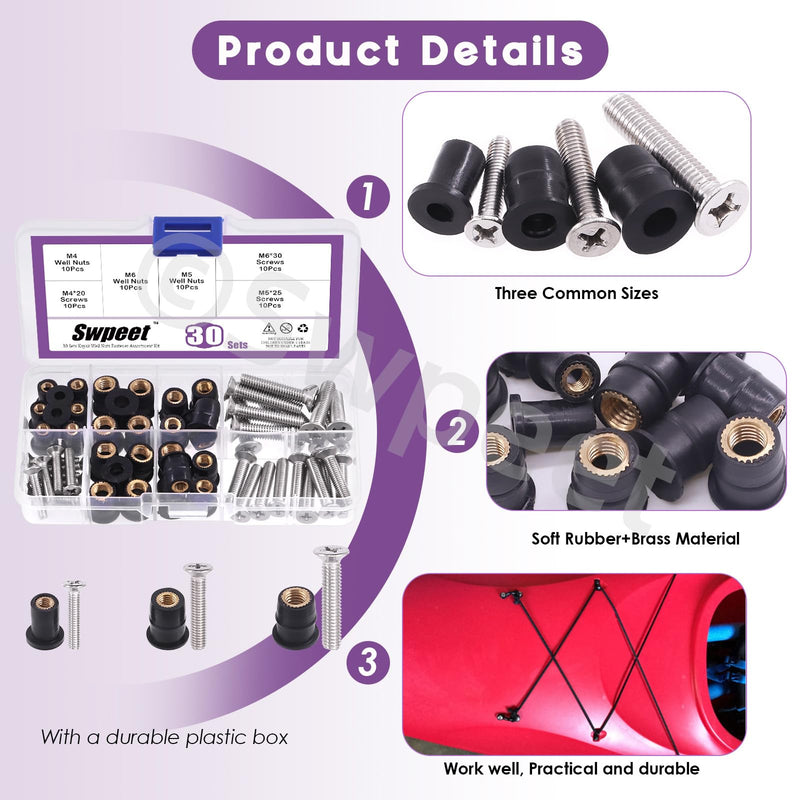 [Australia - AusPower] - Swpeet 60Pcs 3 Sizes M4 M5 M6 Neoprene Well Nut with M4 x 20mm M5 x 25mm M6 x 30mm Stainless Steel Pozi Screws Brass Copper Bolts Well Nut Kit Compatible with Kayak Paddles Clips 
