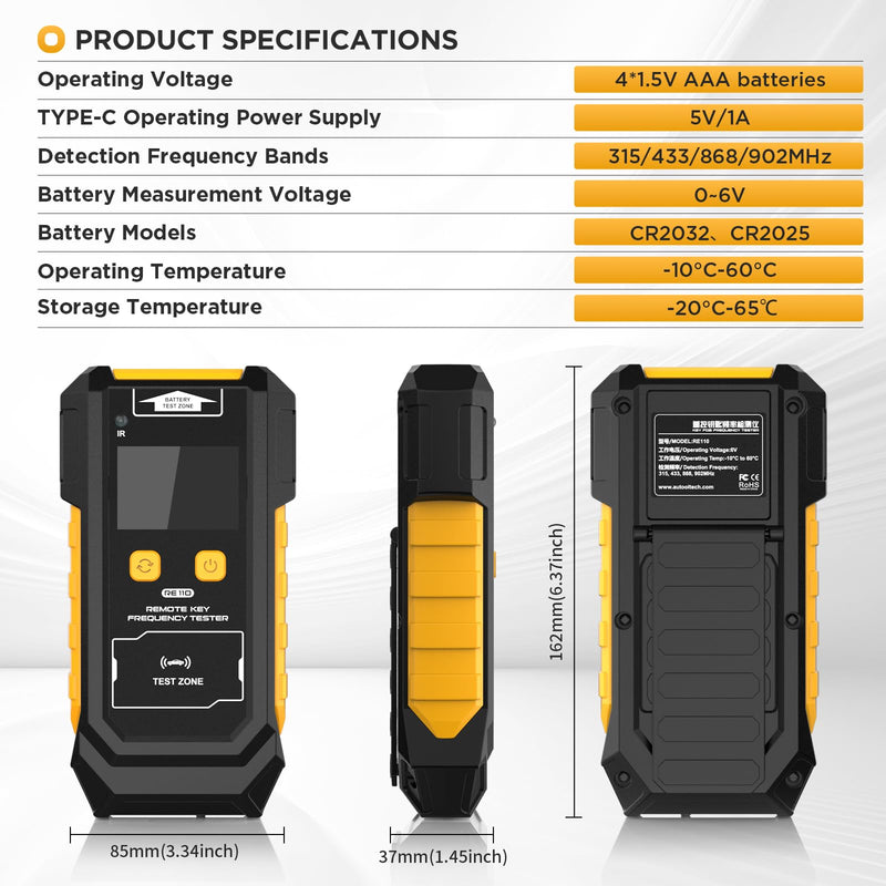 Remote Key Frequency Tester for RF or Infrared Signal Testing;3-in-1 Key Frequency Detection & Button Battery Voltage Check; 315/433/868/902MHz RF & Infrared Signal Detection.