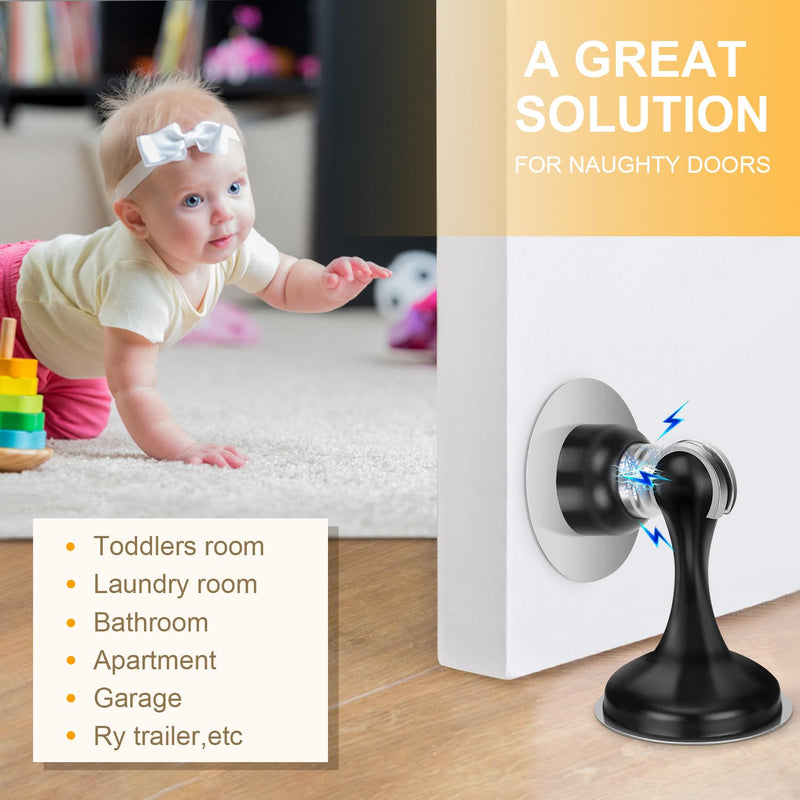 [Australia - AusPower] - 2 Pack Magnetic Door Stoppers, Stainless Steel Door Stops for Wall and Floor Mounting, Door Holder Keep Door Open, No Drilling Door Stop with 3D Adhesive Tapes, Black 2 Pack 