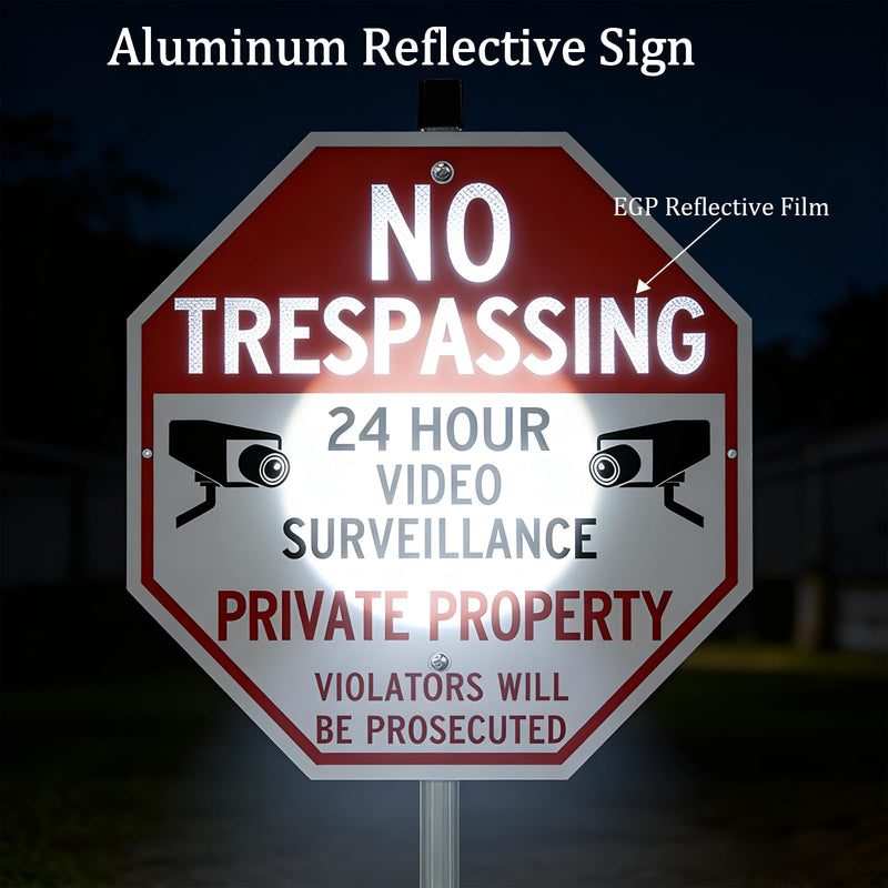 Large No Trespassing Signs Private Property Video Surveillance Sign with 42" Stake for Outside - 3 Pack - 12"x12" Engineering Grade Reflective Film, 050 Rust Free Aluminum, Reflective, Waterproof, Fade