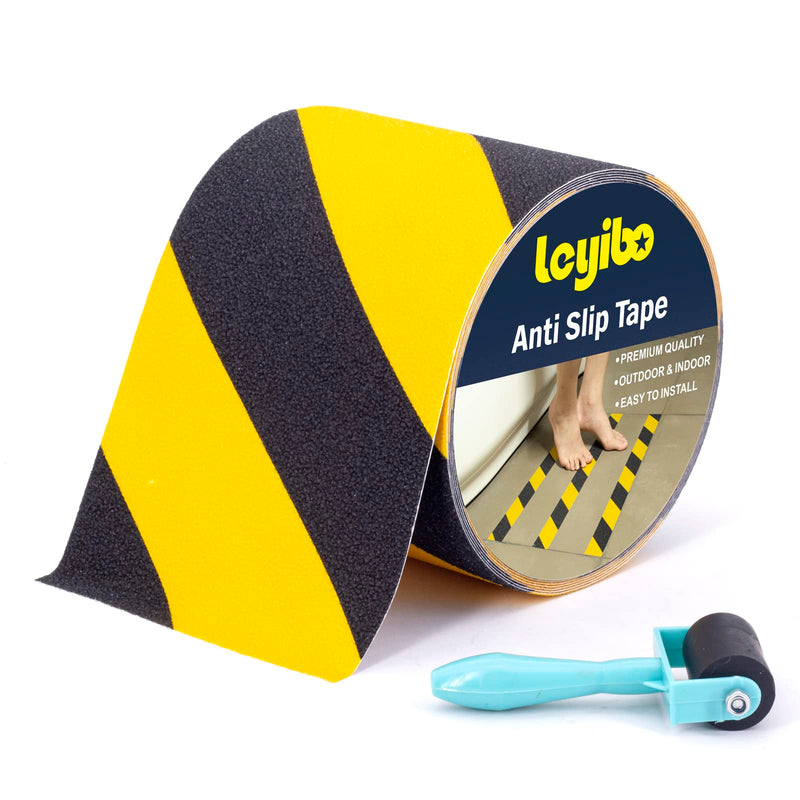 Anti Slip Tape with Roller, 5” x 35Ft, Non Slip Safety Grip Tape for Stair Step Outdoor/Indoor, Waterproof Non Skid Tape for Bathtub, Boat, Pool, Comfortable for Bare Feet, Caution Yellow/Black 5" x 35' + Roller Yellow and Black 1
