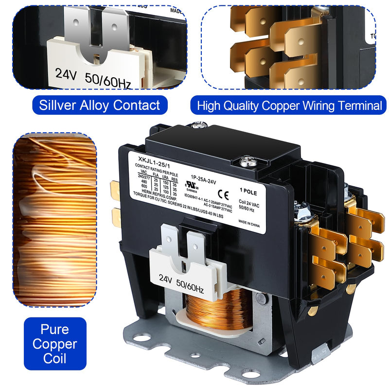 Dreyoo 2 Pack Carrier HVAC Motor Contactor, 24V 25 Amp Coil 1 Pole Replacement Relays Compatible with C230B, Air Conditioner, Heat Pump, Refrigeration Systems