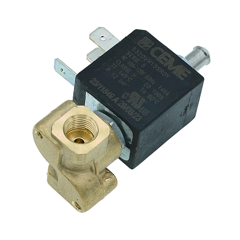 MacMaxe 120V Three-Way Solenoid Valve – Model 5320, 1/8" F x 1/8" F, 7mm Outlet, 12 Bar Max, FKM Seal, 14VA Coil (100/120V 60Hz), Espresso Machine Replacement Part