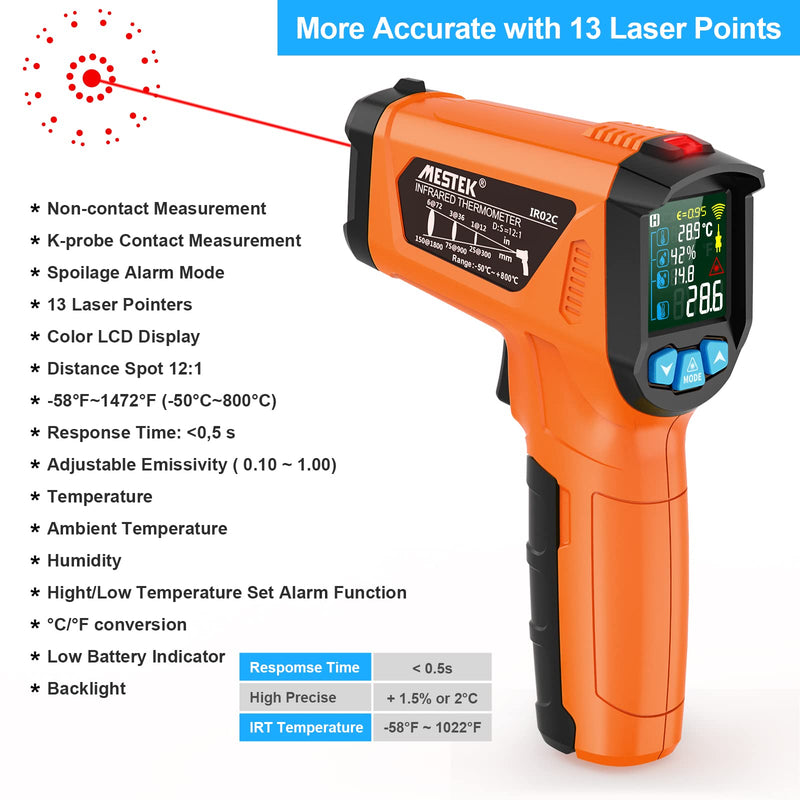[Australia - AusPower] - MESTEK Infrared Thermometer Gun, Non Contact Digital Laser Thermometer Temperature Gun with Color LCD for Cooking, Home Repairs, Humidity Measurement, Adjustable Emissivity -58°F to 1472°F(-50~800°C) Orange -58°F to 1472°F 