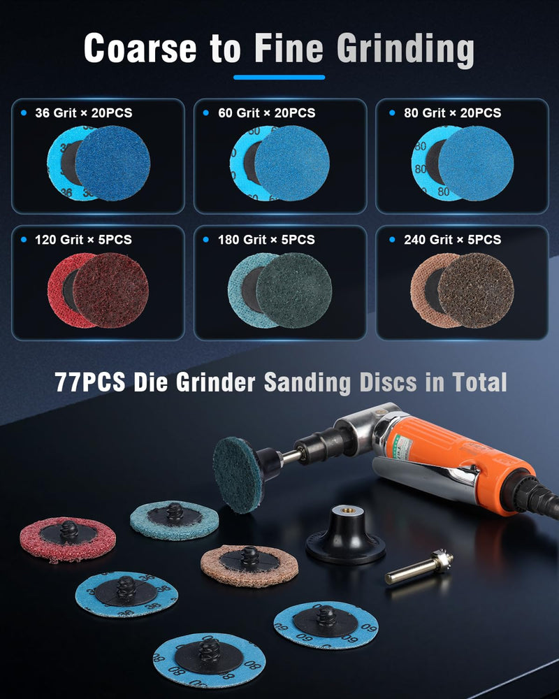 77 PCS 2 Inch Zirconia Sanding Discs, 1/4 Inch Roll Lock Quick Change Disc Accessories for Milwaukee M12 and Dewalt Die Grinders, Surface Conditioning for Paint, Rust Removal and Metal Deburring 77 PCS