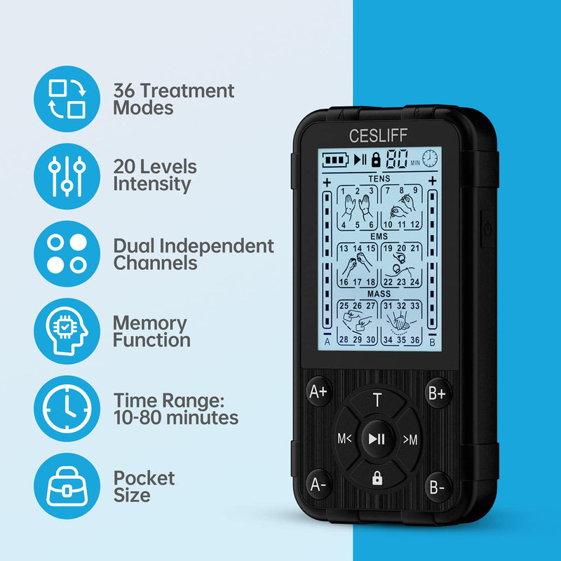 [Australia - AusPower] - CESLIFF Dual Channel TENS EMS Unit 36 Modes Muscle Stimulator, Rechargeable Electric Pulse Massager TENS Machine Function for Lower Back Neck Shoulder Pain Relief with 10 Pads 