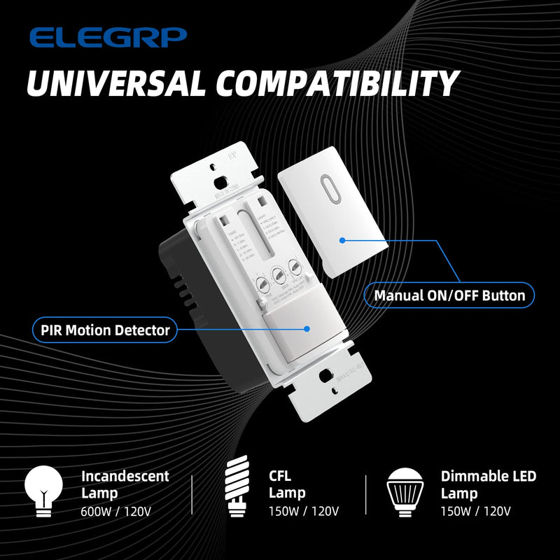 [Australia - AusPower] - ELEGRP Single Pole Occupancy Motion Sensor Light Switch, PIR Infrared Motion Activated Switch, Need Grounding Wire, No Neutral Wire, for CFL/LED/Incandescent, with Plate, UL(2 Pack, Matte White) 2 Pack 
