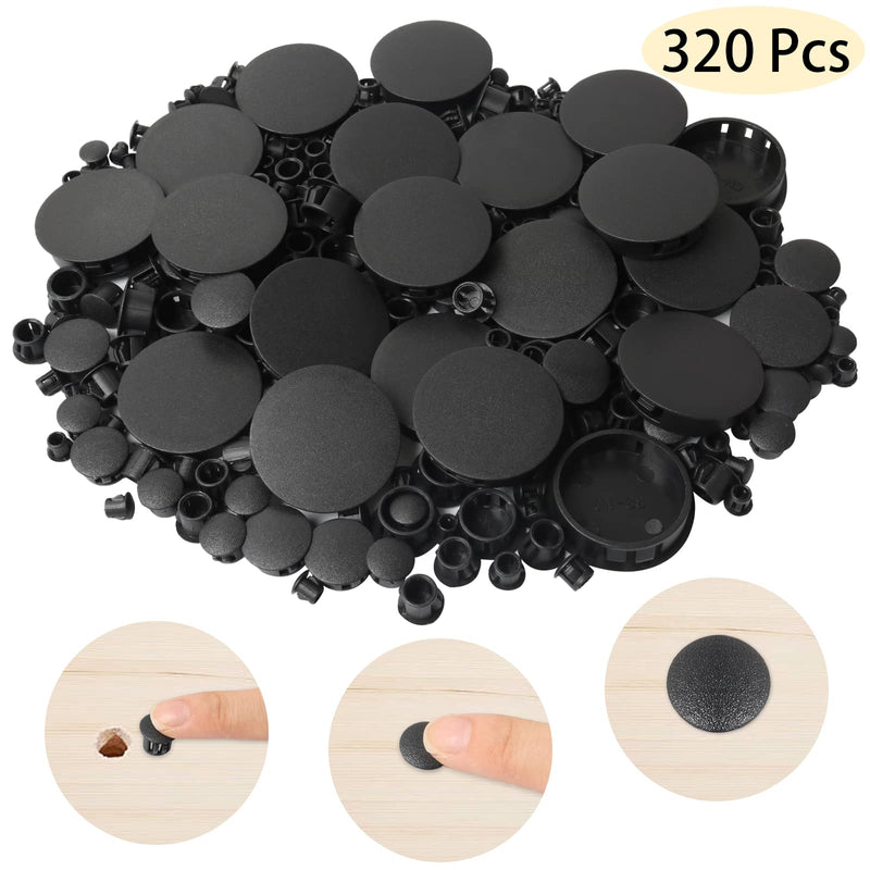 320Pcs 8 Sizes Black Plugs Hole Plastic Hole Plugs Hole Round Plugs, Plastic Hole Cover Snap in Locking Hole Plugs for Kitchen Cabinet Furniture (3/16, 1/4,5/16, 3/8,1/2, 5/8, 1, 11/2)