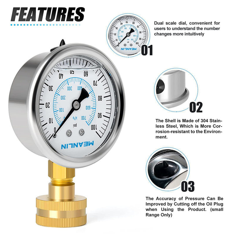 [Australia - AusPower] - MEANLIN MEASURE 0~100Psi Stainless Steel Frame 3/4" Female 2.5" FACE DIAL Liquid Filled Pressure Gauge WOG Water Oil Air Water Pressure Test Table with Sealing Ring 0-100Psi (Liquid Filled) 