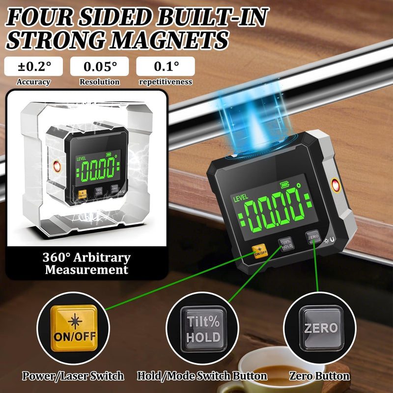4-Sided Magnetic Digital Protractor with Laser | Digital inclinometer with LCD display, IP54 waterproof, ±0.2° precision inclinometer for construction, machines, DIY work Black