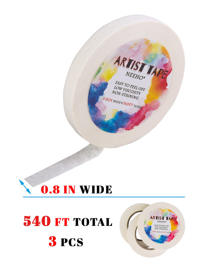 Artist Tape for Drafting Art, 3 Pack Acid-Free White Masking Tape for Watercolor Painting Canvas Framing, 0.8inch Wide 540FT Long Total